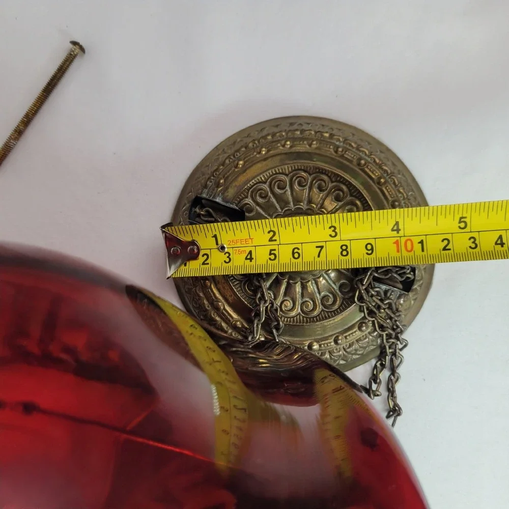 Antique Ruby Red Glass Hanging Oil Lamp Macbeth Pearl Glass Chimney Brass Trim